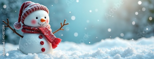 Cheerful snowman with red scarf and hat smiling in snowy winter scene against blurred blue background with copy space