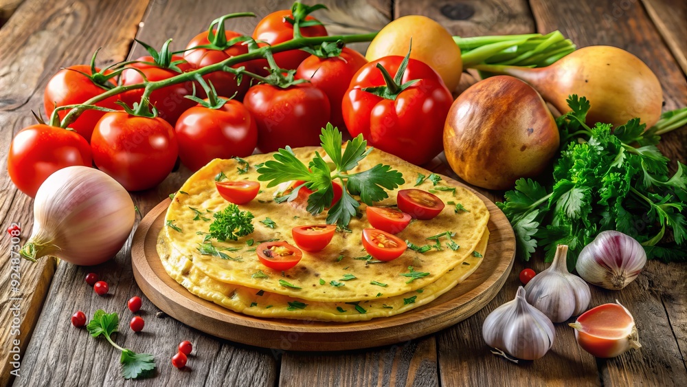 Vibrant yellow onions and juicy tomatoes rest atop a bed of fresh parsley, surrounded by crumpled Spanish tortilla wraps on a rustic wooden table. Vibrant yellow onions and juicy tomatoes rest atop a bed of fresh parsley, surrounded by crumpled Spanish tortilla wraps on a rustic wooden table.