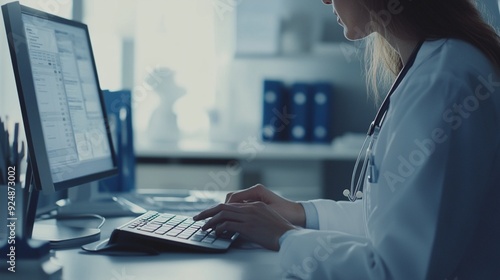 Healthcare professional in white coat working at computer in dimly lit office, updating electronic medical records. Focus on hands typing on keyboard.