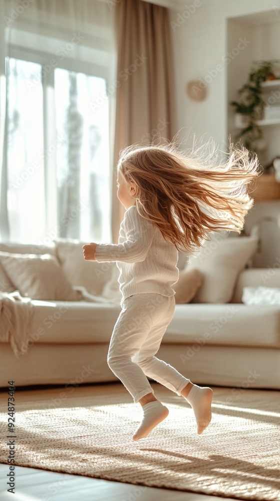 Joyful energy bursts through a sun-drenched living room as a young girl leaps with abandon, her hair flying wildly in the air, capturing pure childhood bliss. Joyful energy bursts through a sun-drenched living room as a young girl leaps with abandon, her hair flying wildly in the air, capturing pure childhood bliss.