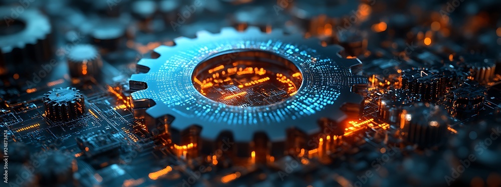 Digital 3d gear icon with binary code, artificial intelligence in system setting optimization, automation workflows, software customization options, and personalized user interfaces design Digital 3d gear icon with binary code, artificial intelligence in system setting optimization, automation workflows, software customization options, and personalized user interfaces design