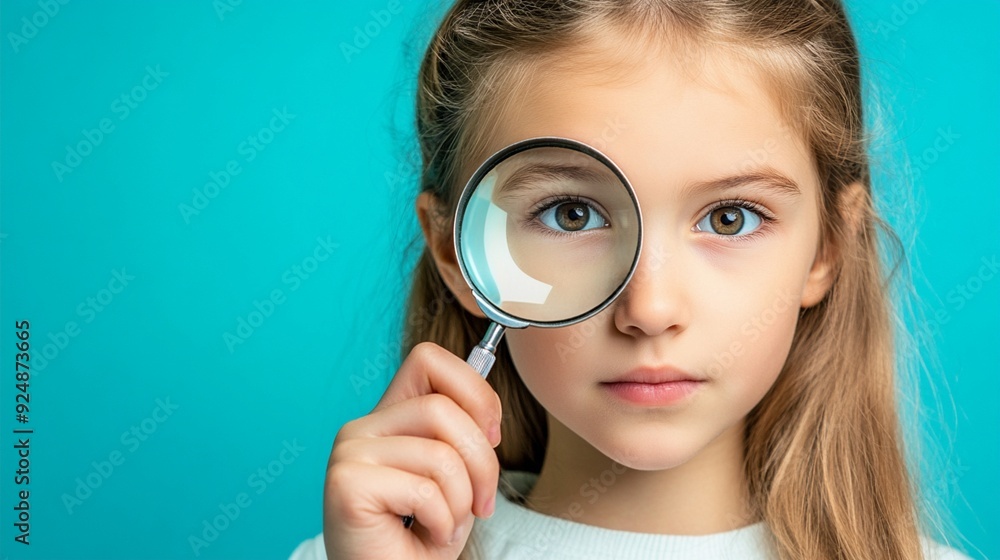 Curious young girl with blonde hair holding magnifying glass over her eye, exploring and discovering against vibrant turquoise background. Curious young girl with blonde hair holding magnifying glass over her eye, exploring and discovering against vibrant turquoise background.