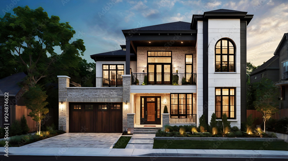 Fototapeta premium Detailed brooklyn-style home in three stories, black awnings and whitewashed brick with charming interior