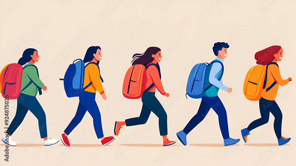 Group of diverse teenager boys and girls going to school. Illustration. Diversity, education, back to school concept. Copy space. Group of diverse teenager boys and girls going to school. Illustration. Diversity, education, back to school concept. Copy space.