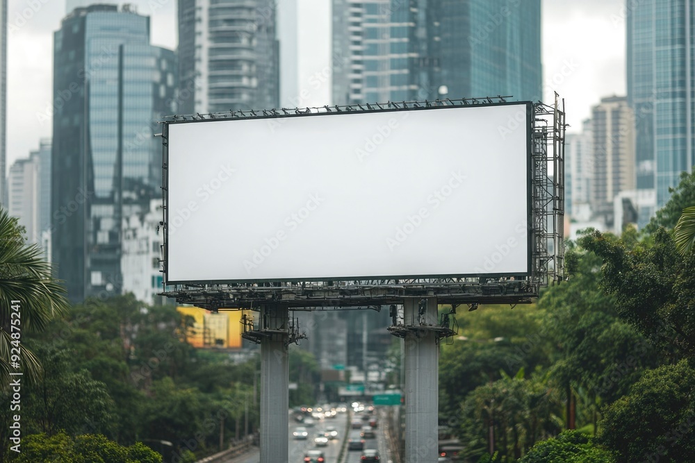 Blank Billboard in Urban Landscape with Trees and Traffic Blank Billboard in Urban Landscape with Trees and Traffic