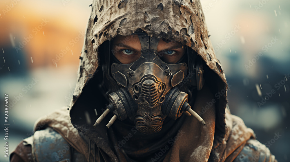 Hooded Figure Wearing Rusted Gas Mask with Piercing Blue Eyes in Drenched Post-Apocalyptic Urban Ruins During Rainstorm Detailed Metal Design with Torn Hood Hooded Figure Wearing Rusted Gas Mask with Piercing Blue Eyes in Drenched Post-Apocalyptic Urban Ruins During Rainstorm Detailed Metal Design with Torn Hood