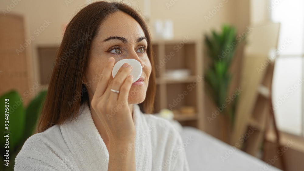 Young, woman with brunette hair in a spa room applying skincare treatment while wearing a bathrobe, surrounded by indoor wellness and beauty elements. Young, woman with brunette hair in a spa room applying skincare treatment while wearing a bathrobe, surrounded by indoor wellness and beauty elements.