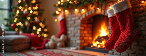 Wallpaper Mural Cozy Christmas Stockings Hanging by Warm Fireplace with Festive Tree and Lights Torontodigital.ca