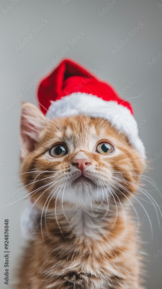 Adorable ginger kitten wearing a festive Santa hat gazes upward with wide-eyed wonder, capturing the magic of the holiday season in a heartwarming portrait. Adorable ginger kitten wearing a festive Santa hat gazes upward with wide-eyed wonder, capturing the magic of the holiday season in a heartwarming portrait.