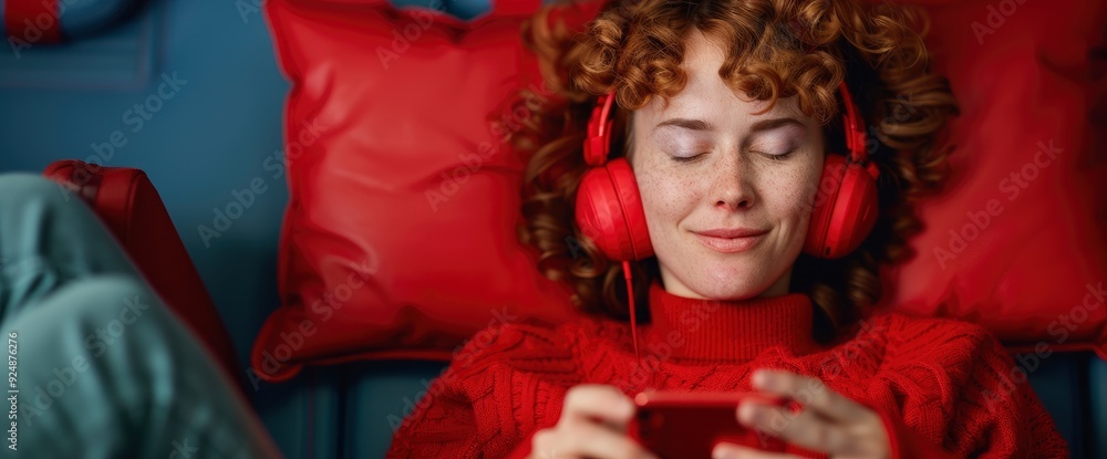 A Woman Choosing Music During A Flight, Using Her Red Smartphone A Woman Choosing Music During A Flight, Using Her Red Smartphone