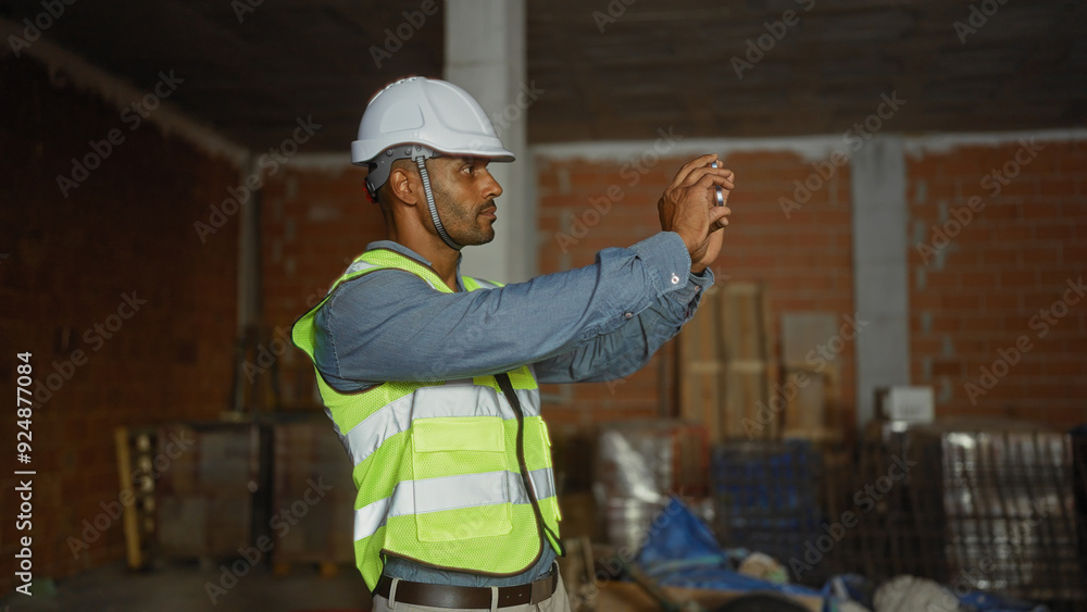 Young man taking photo with mobile at construction site wearing reflective vest and hard hat Young man taking photo with mobile at construction site wearing reflective vest and hard hat
