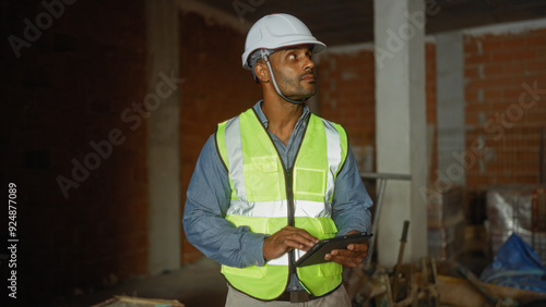 Obraz na plátně Young man wearing a reflective vest and hard hat stands holding a tablet at a co