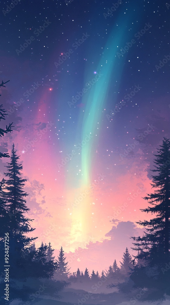 Silhouetted trees against a sky with a colorful aurora and stars. Silhouetted trees against a sky with a colorful aurora and stars.