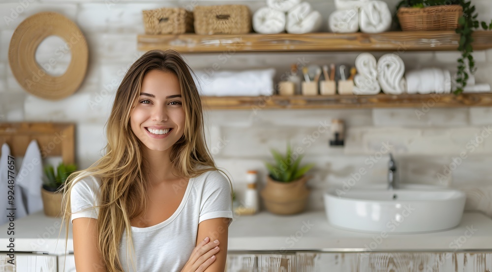 Minimalist Morning Routine: Happy Woman in a Cozy Bathroom Minimalist Morning Routine: Happy Woman in a Cozy Bathroom