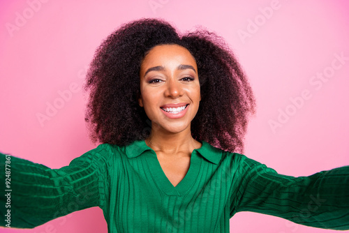 Photo portrait of lovely young lady take selfie photo dressed stylish green garment isolated on pink color background