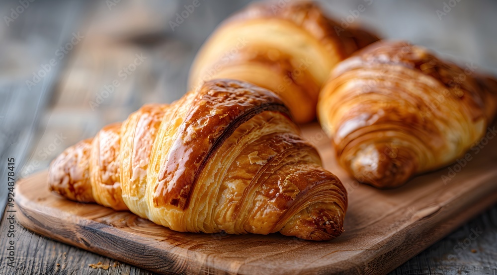 Tasty Croissant Closeup: Gourmet Cuisine Photo on a Wooden Plank Tasty Croissant Closeup: Gourmet Cuisine Photo on a Wooden Plank