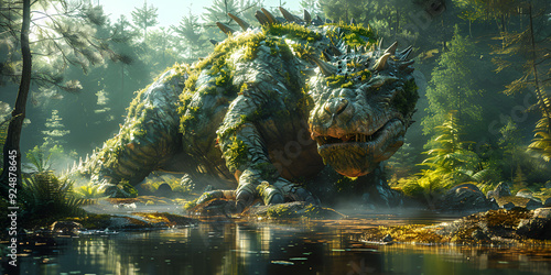 A large dinosaur stands majestically in a lush forest, surrounded by greenery and a serene body of water nearby.