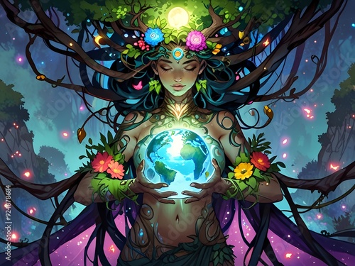 Fantastic embodiment of mother earth in the form of a woman,Goddess of Nature, AI generated