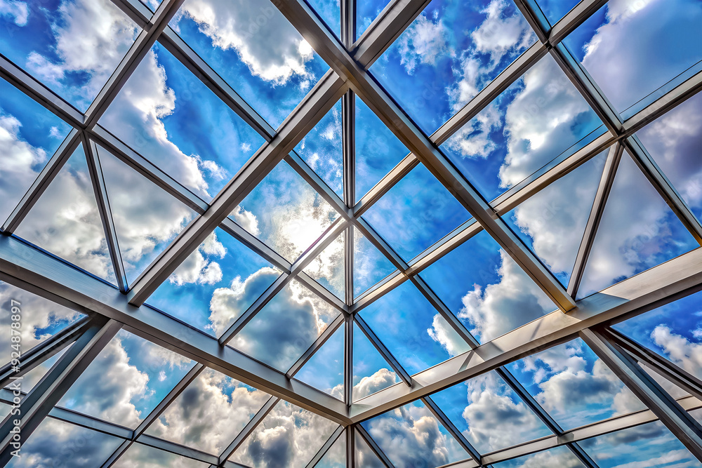 The glass roof of the skyscraper, against the backdrop of a blue sky with clouds The glass roof of the skyscraper, against the backdrop of a blue sky with clouds