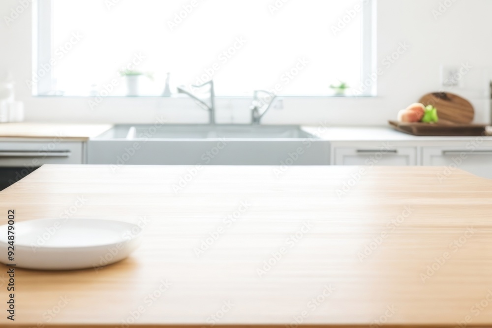 Wooden table top over a blurry kitchen background Wooden table top over a blurry kitchen background