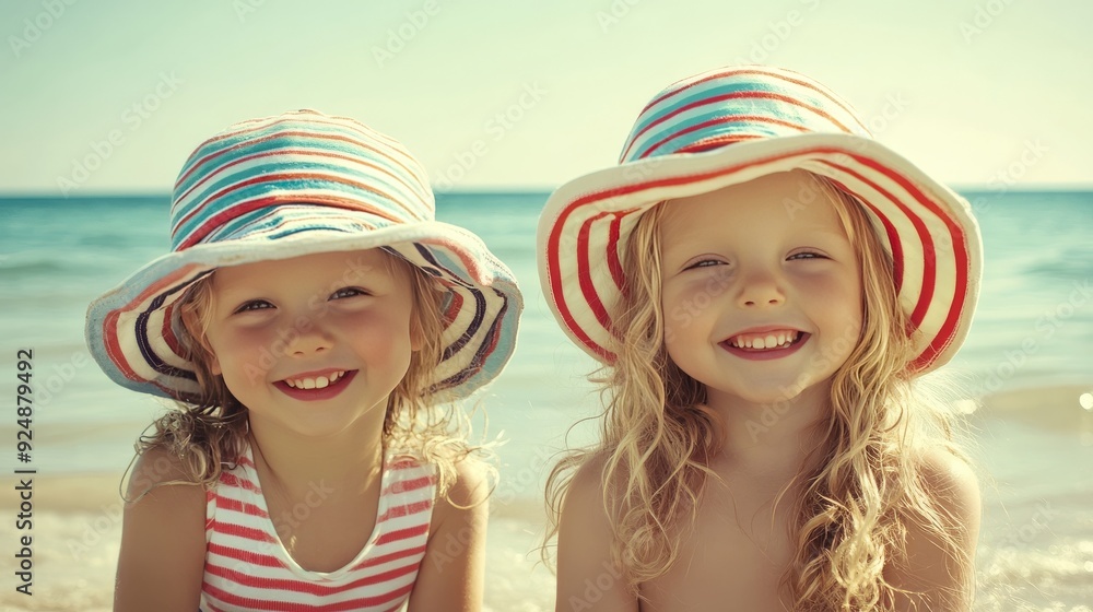 Little girls in striped hats. Little girls in striped hats.