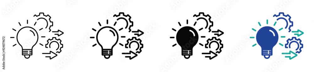 © tokyo mokyo - implement idea icon, solution execute develop, configuration cogwheel with light bulb, innovation analysis process, success industry preferences, vector illustration eps10. stock vector. illustration.