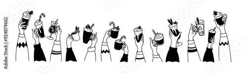 Hands up with hot Christmas drinks. Cute line doodle illustration. Celebration background. Pumpkin spice latte, hot wine, warm cocktails, marshmallow chocolate. Ugly sweater party