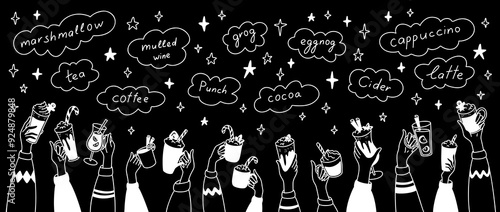 Christmas market chalkboard. Named winter hot drinks. New year party. Sketchy hands up with different beverages. Crowd of people having fun. Cocoa, mulled wine, marshmallow chocolate