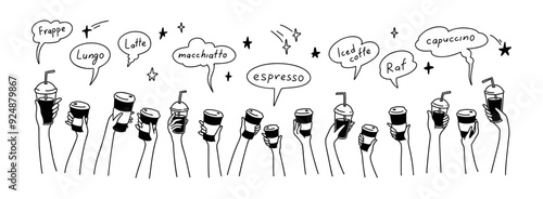 Doodle hands up with coffee. Crowd of people, men and children holding disposable glass and paper cups. Teamwork concept background. Different named types of drinks