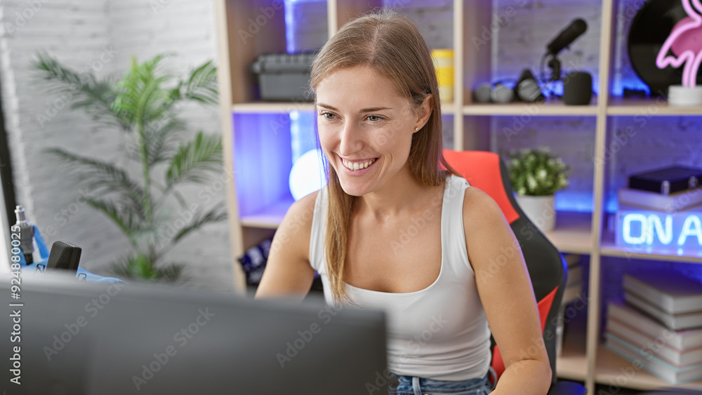 Smiling young woman using computer in a well-lit modern gaming room at home Smiling young woman using computer in a well-lit modern gaming room at home