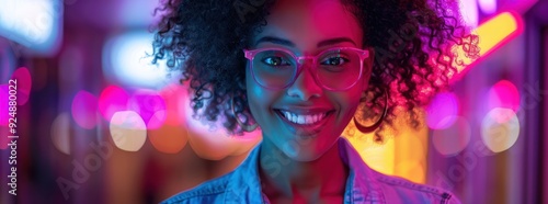 Smiling Woman in Neon Lights