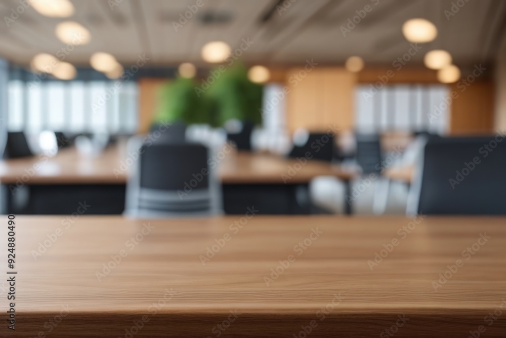 Wooden table top over a blurry office Wooden table top over a blurry office