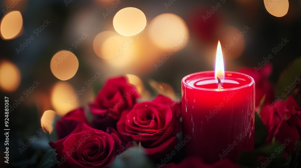 Burning candle with roses, flame dancing. Burning candle with roses, flame dancing.