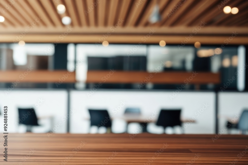Wooden table top over a blurry office Wooden table top over a blurry office