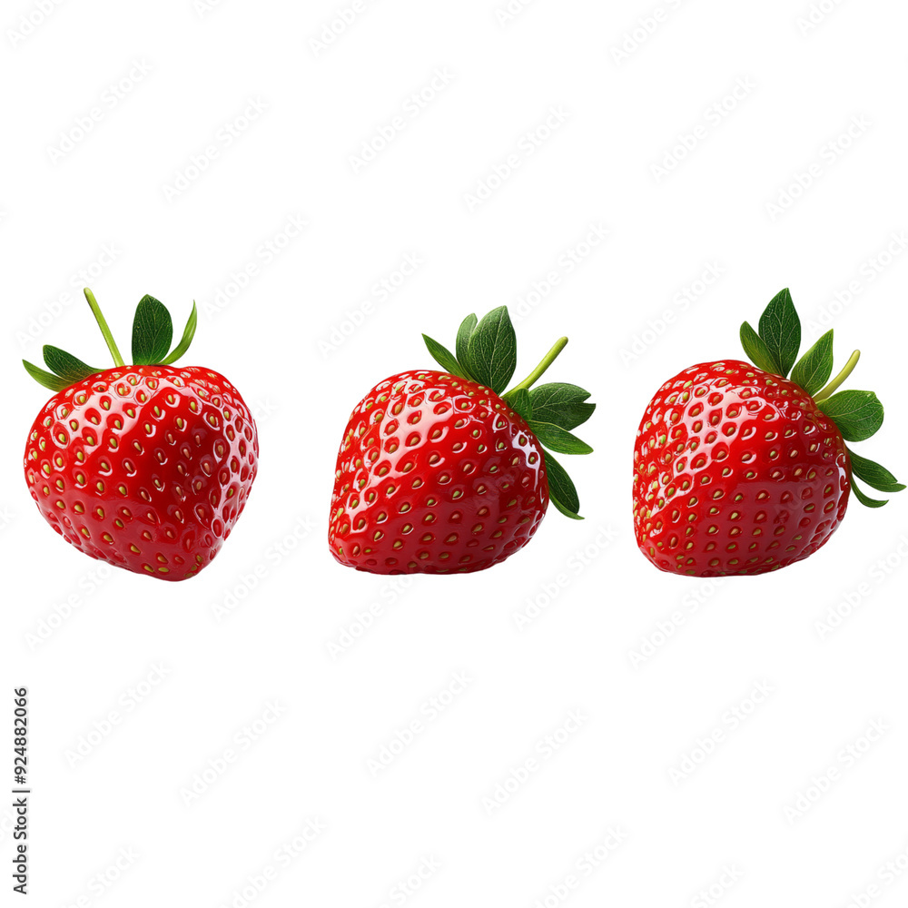 A cluster of ripe strawberries with leaves, photorealistic, vibrant red, isolated on white background. A cluster of ripe strawberries with leaves, photorealistic, vibrant red, isolated on white background.