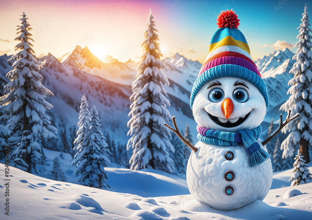 Obraz premium Bonhomme de neige coloré souriant dans un paysage d'hiver, joyeux noël et bonne année