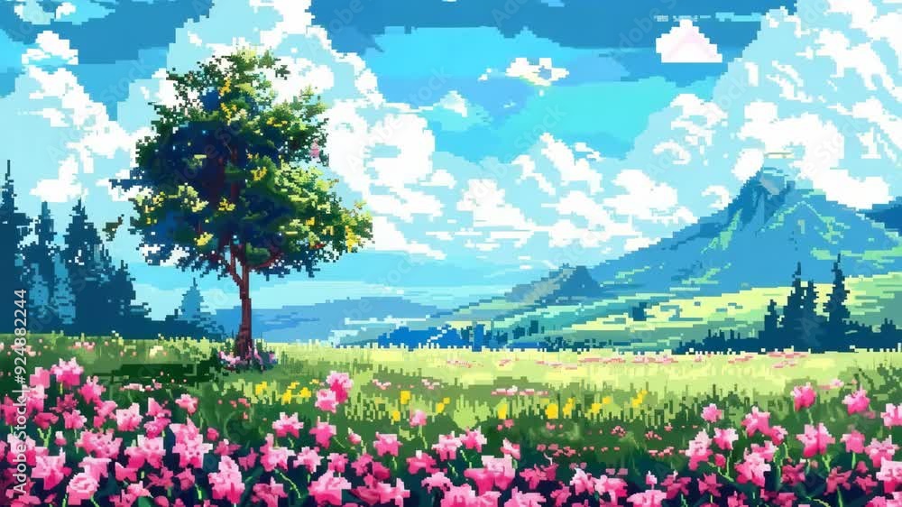 Pixel art background meadow with flowers and trees sky clouds mountains