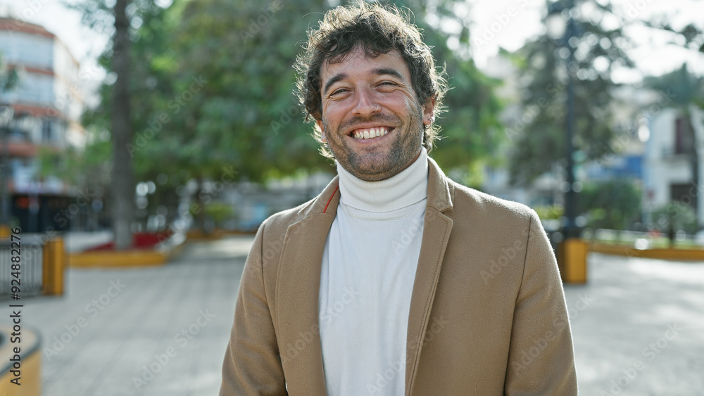 Fototapeta premium A smiling young hispanic man with a beard stands casually outdoors in a city park, exuding a relaxed and handsome demeanor.