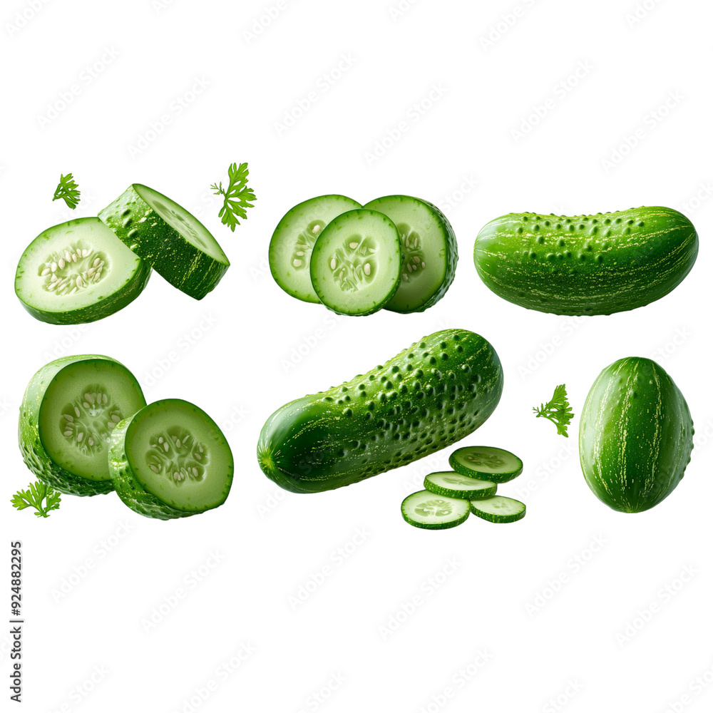 A fresh cucumber with slices, hyperrealistic, vibrant green, isolated on white background. A fresh cucumber with slices, hyperrealistic, vibrant green, isolated on white background.