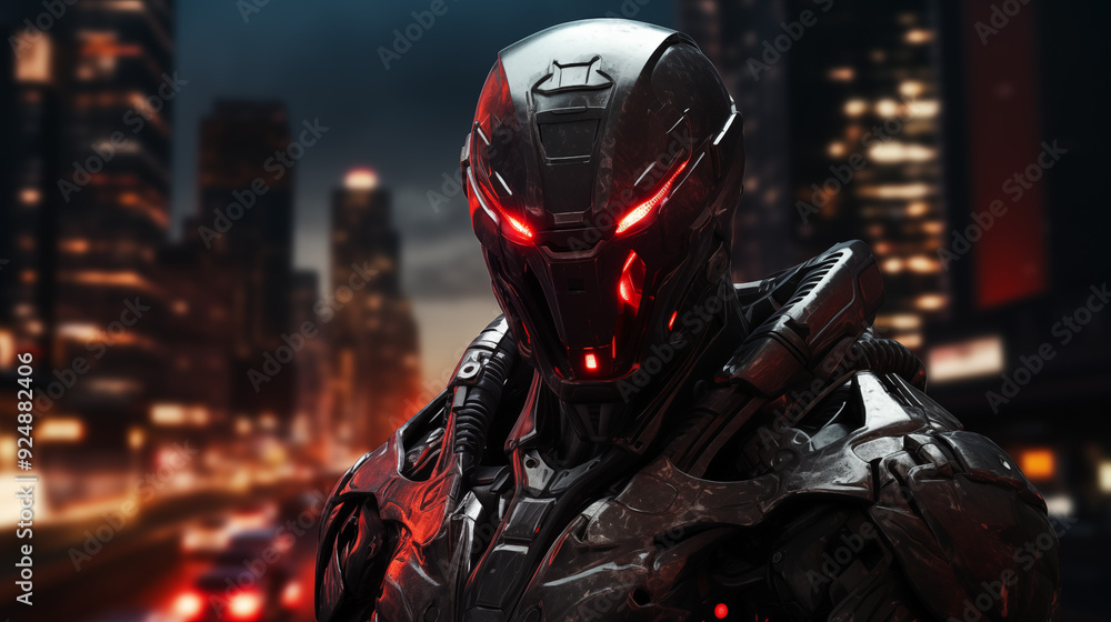 Formidable Futuristic Black And Red Cyborg Soldier In A Dark Urban Environment With Intense Red Glowing Eyes Formidable Futuristic Black And Red Cyborg Soldier In A Dark Urban Environment With Intense Red Glowing Eyes