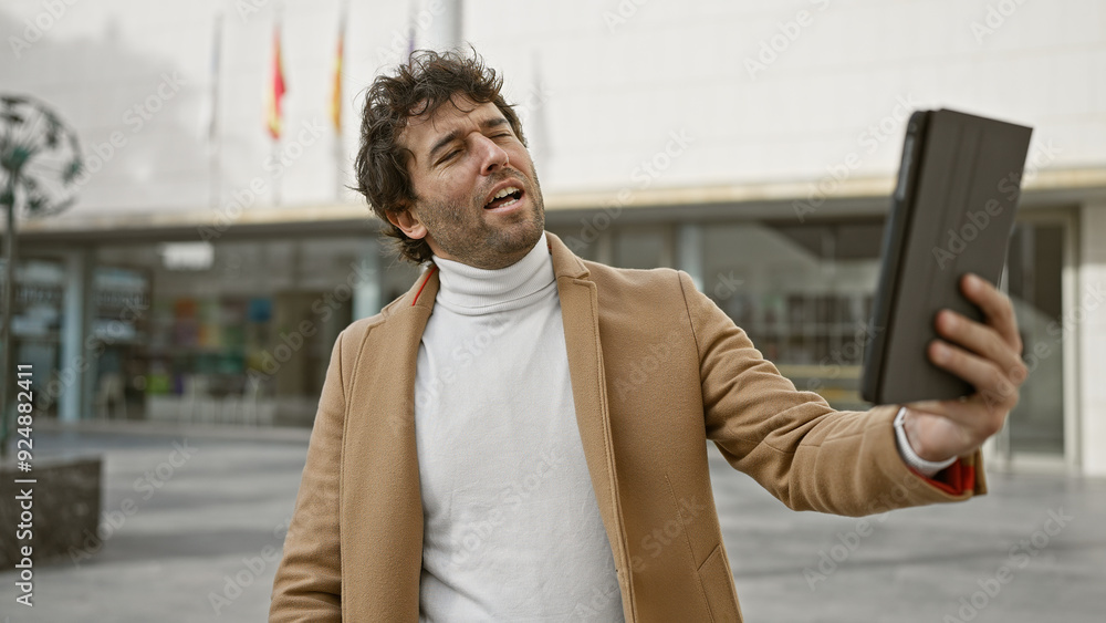 Handsome hispanic man in coat taking selfie with tablet on city street. Handsome hispanic man in coat taking selfie with tablet on city street.