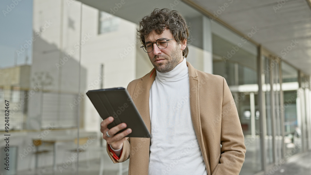 A young hispanic man reads a tablet on an urban street, exuding casual style and concentration. A young hispanic man reads a tablet on an urban street, exuding casual style and concentration.