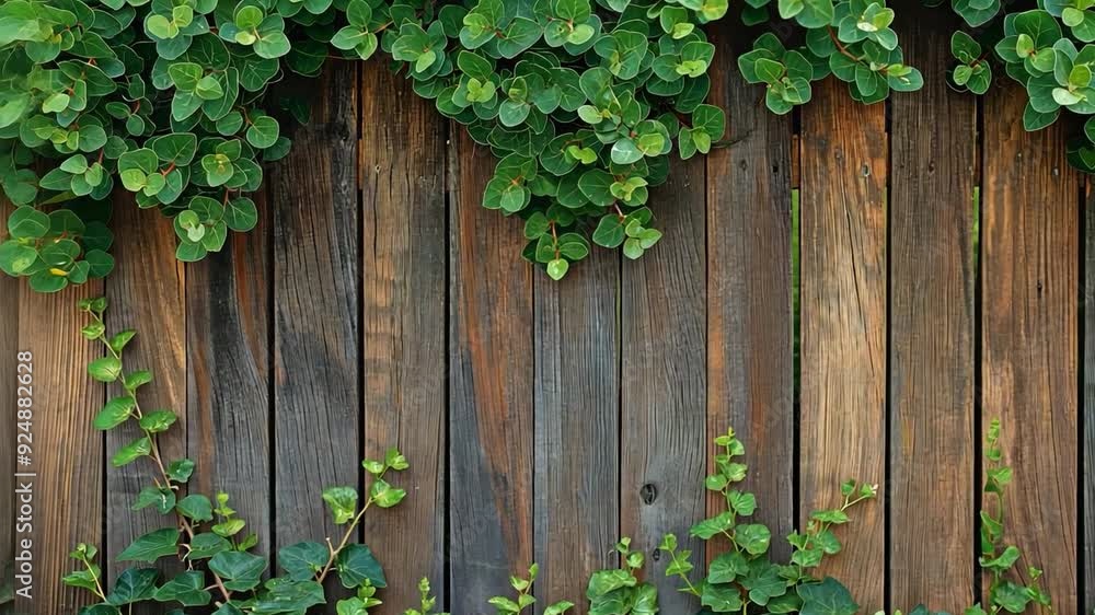 A beautiful close-up of lush green vines climbing and cascading over a weathered wooden fence, creating a natural and rustic aesthetic. A beautiful close-up of lush green vines climbing and cascading over a weathered wooden fence, creating a natural and rustic aesthetic.