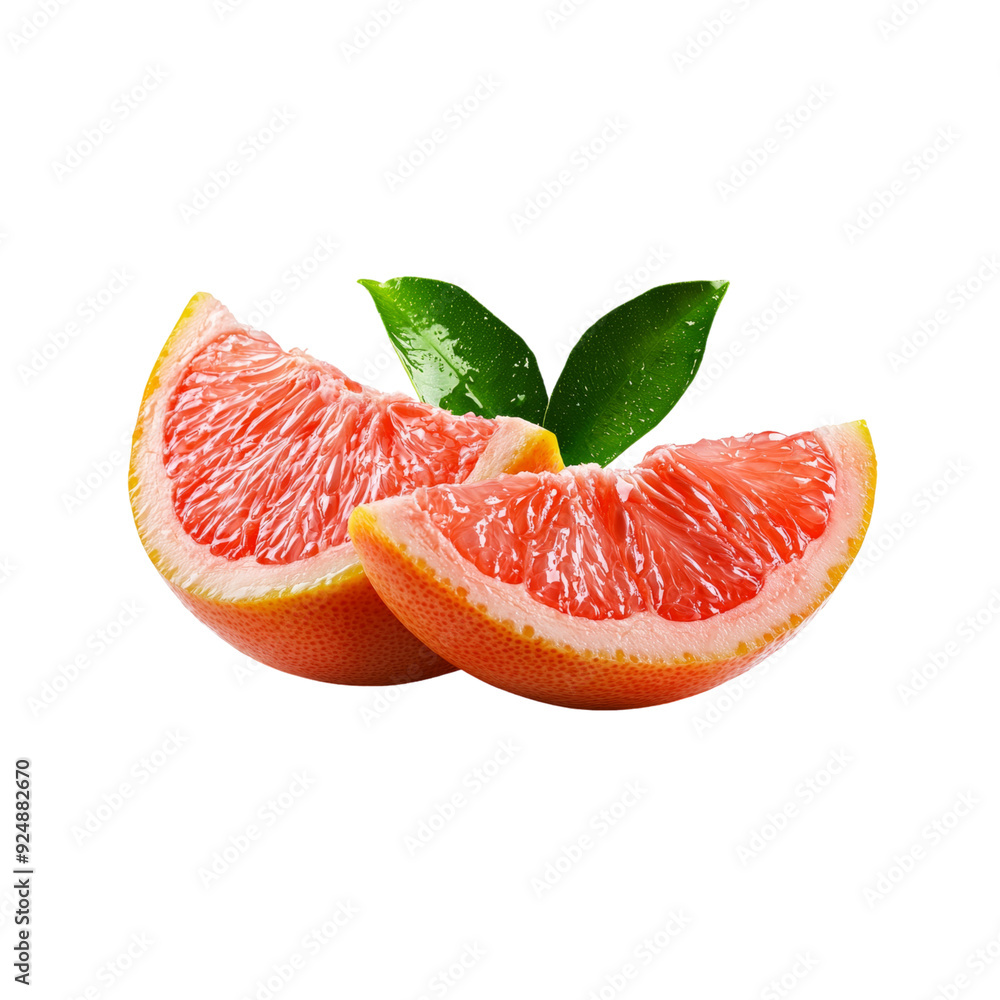 A half grapefruit showing segments, realistic illustration, bright pink, isolated on white background. A half grapefruit showing segments, realistic illustration, bright pink, isolated on white background.