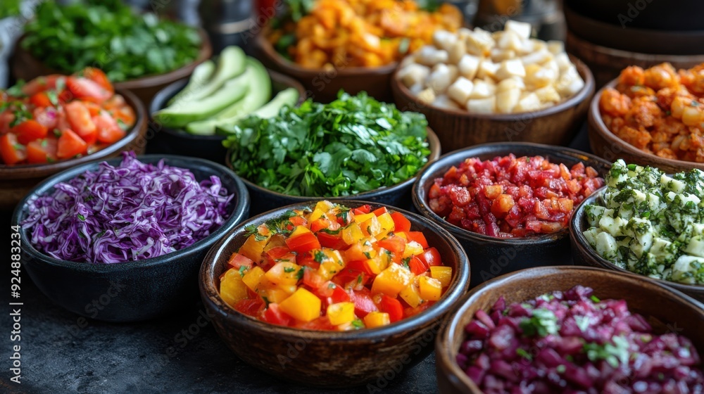 Chopped vegetables are on plates, vegan day Chopped vegetables are on plates, vegan day