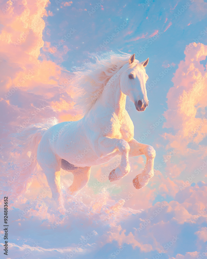 ethereal white horse jumping through clouds in sky cosmic pastel vibe artwork ethereal white horse jumping through clouds in sky cosmic pastel vibe artwork