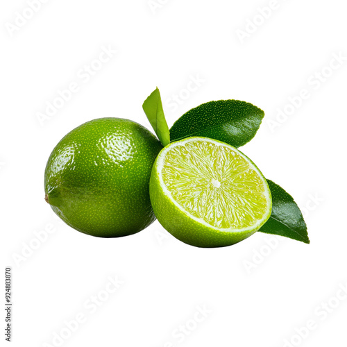 A whole lime with a slice, photorealistic, bright green, isolated on white background.  © Aventurine