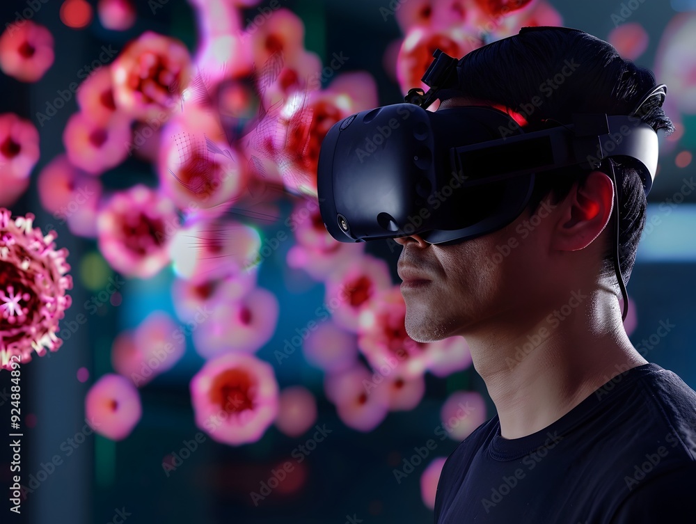 Man wearing VR headset with pink virus cells in background. Man wearing VR headset with pink virus cells in background.