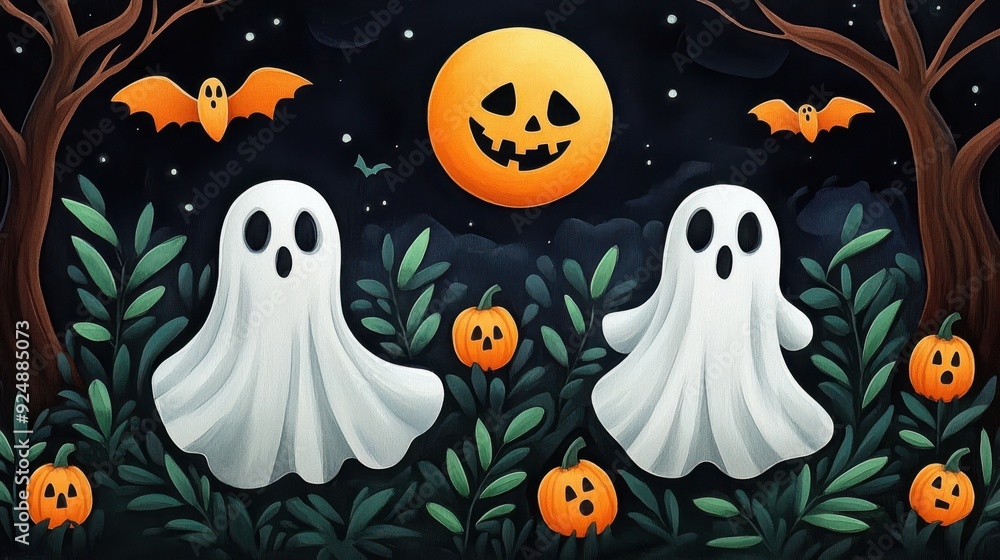 Two floating ghosts are surrounded by jack-o'-lanterns and bats in a dark forest under a glowing orange moon, creating a spooky Halloween scene. Two floating ghosts are surrounded by jack-o'-lanterns and bats in a dark forest under a glowing orange moon, creating a spooky Halloween scene.