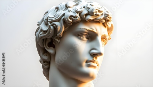 Gypsum statue of David's head, surrounded by a thin halo of light on a white background photo